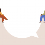 Zwei Menschen sitzen gegenüber voneinander auf einer großen, beide verbindenen Sprechblase