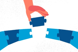 Hand baut Puzzleteil ein, um eine Brücke zu vervollständigen