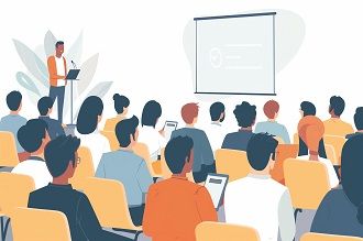 Menschen sitzen auf Stühlen nebeneinander in Blickrichtung eines hängenden Whiteboards, daneben steht eine Person an einem Redner*innenpult am Mikrofon.